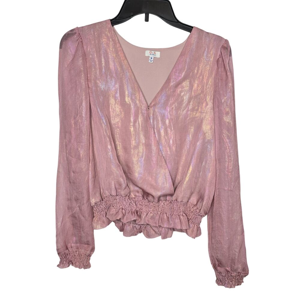 Q + A Los Angeles Iridescent Pink Smocked Faux Wrap Blouse Size Medium